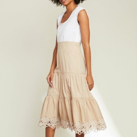 VERONICA BEARD JEANS Women's Amaia Midi Dress Eyelet Cotton Khaki White Size M - Picture 1 of 9